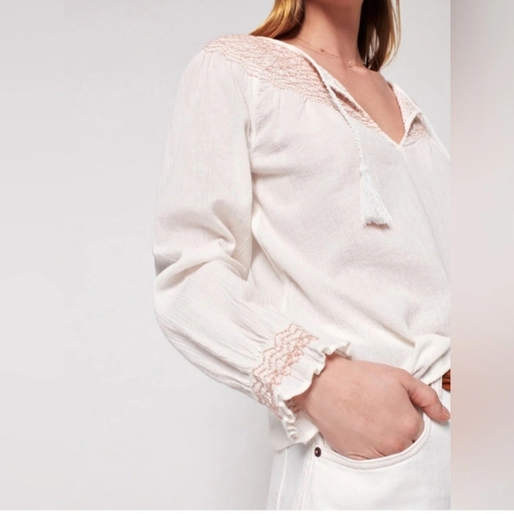 FAHERTY Laura Embroidered Peasant Top Women's XL Smock Tassel Boho Cottage - Picture 11 of 12